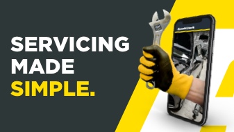 Servicing made simple text with hand holding a spanner coming out of phone