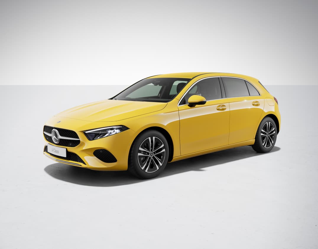 Angled front shot of yellow Mercedes-Benz A-Class Hatchback