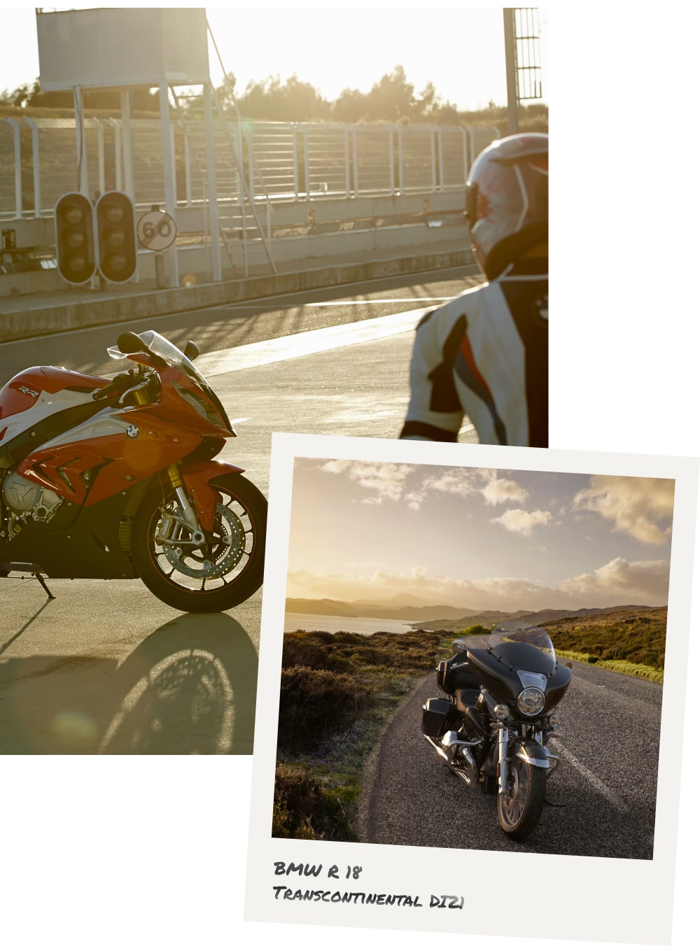 Collage of motorcyclist and bike outside race track and image of BMW R 18 Transcontinental DI21